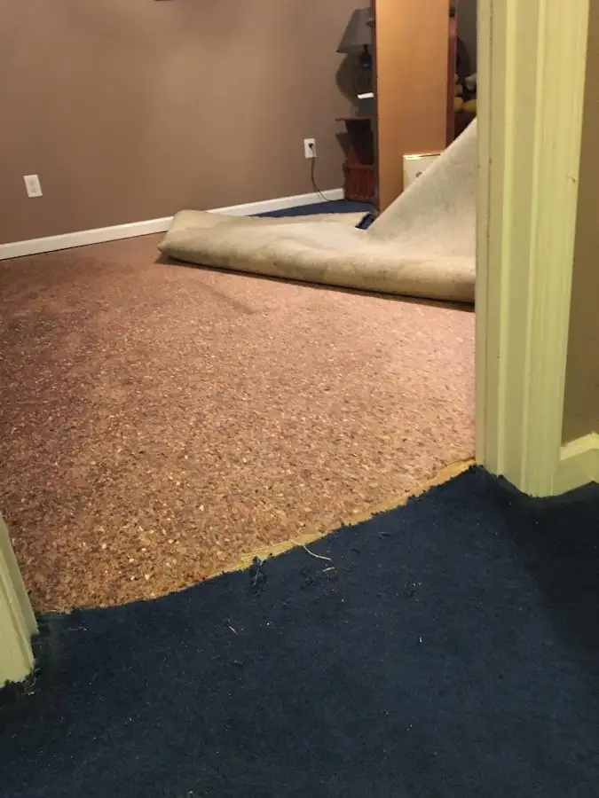 Carpet pad removal revealing water damage during Water Mitigation Services in Progress Village